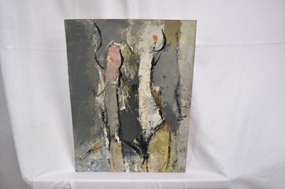 Lot 1335 - *Robert Sadler (1909-2001) acrylic on board - Two abstract figures, signed, 38.5cm x 29cm, unframed