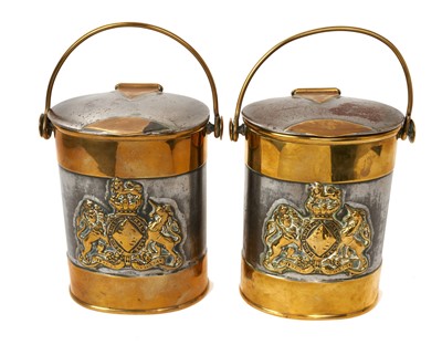 Lot 210 - Pair unusual Victorian Royal Household brass and steel oval cream pails with close fitting hinged lids, swing handles and ornate Royal Arms to fronts 25 cm high