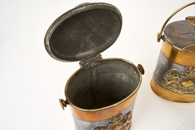 Lot 210 - Pair unusual Victorian Royal Household brass and steel oval cream pails with close fitting hinged lids, swing handles and ornate Royal Arms to fronts 25 cm high