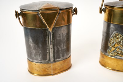 Lot 210 - Pair unusual Victorian Royal Household brass and steel oval cream pails with close fitting hinged lids, swing handles and ornate Royal Arms to fronts 25 cm high