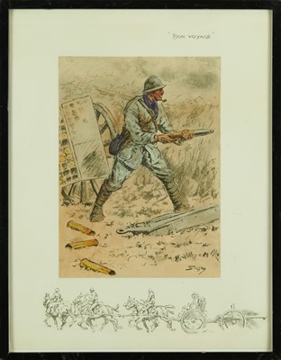 Lot 1324 - Snaffles, Charles Johnson Payne (1884-1967) hand coloured print - 'Bon Voyage', with Snaffle blindstamp, 43cm x 33cm, in glazed frame