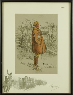 Lot 1326 - Snaffles, Charles Johnson Payne (1884-1967) hand coloured print - 'The Gunner', with Snaffle blindstamp, 43cm x 33cm, in glazed frame 
Provenance: Malcolm Innes Gallery