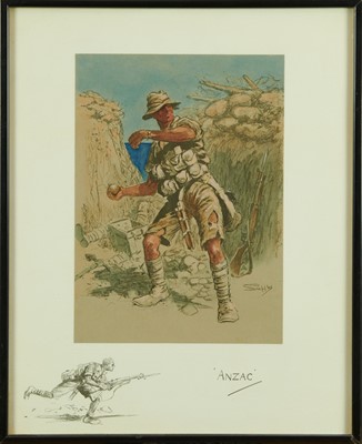 Lot 1327 - Snaffles, Charles Johnson Payne (1884-1967) hand coloured print - 'Anzac', with Snaffle blindstamp, 42cm x 34cm, in glazed frame 
Provenance: Malcolm Innes Gallery