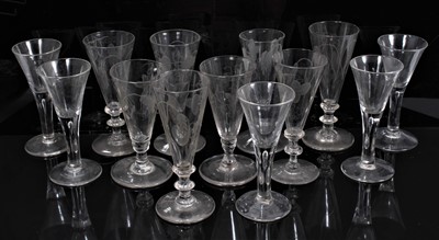 Lot 356 - Group of Georgian wine glasses, including eight etched with hops and barley, and five with tear drop stems (13)