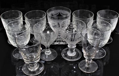 Lot 357 - Group of 19th century glassware, including a good set of six cut glass goblets, three further etched goblets and two others (11)