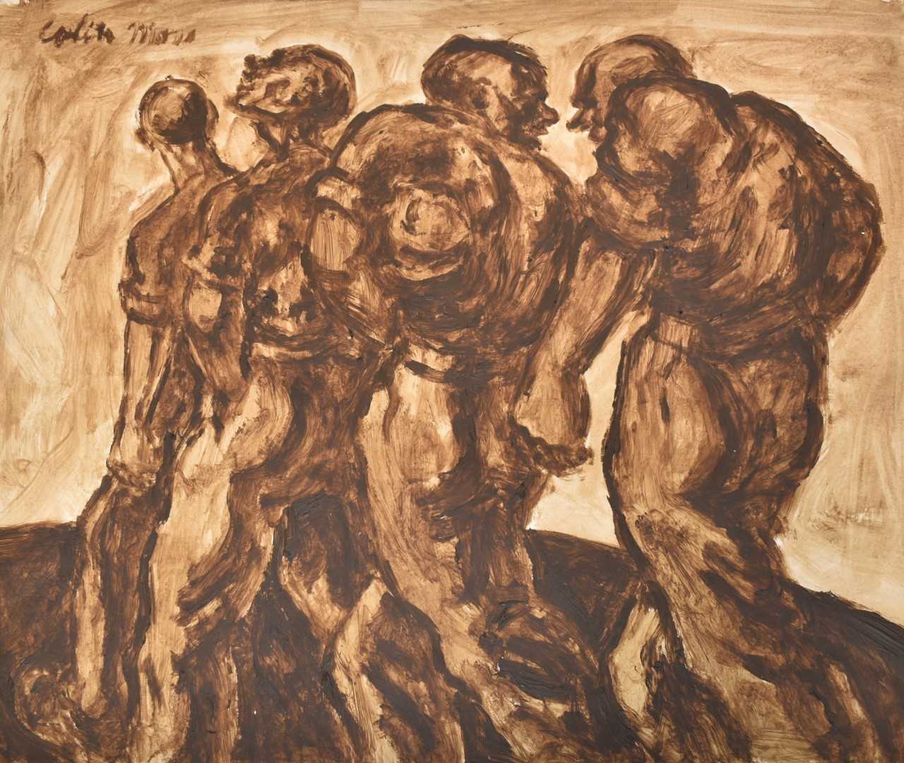 Lot 1307 - *Colin Moss (1914-2005) oil on paper, workmen, signed, 53 x 64cm