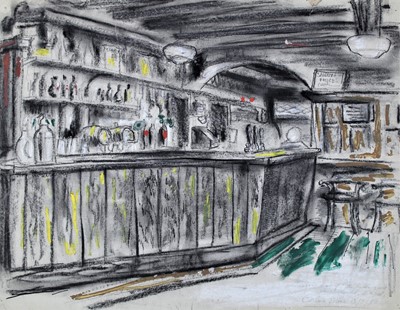 Lot 946 - *Colin Moss (1914-2005) mixed media, 'The saloon bar of the Mulberry Tree, Woodbridge Road, Ipswich', signed and dated 13/11/50, 38 x 51cm