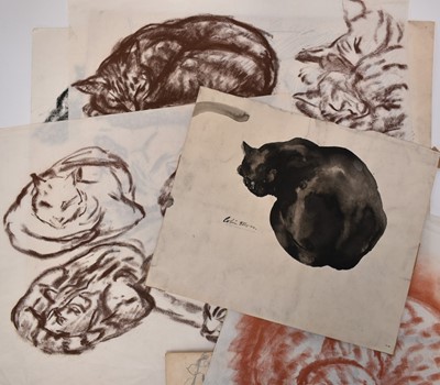 Lot 1313 - *Colin Moss (1914-2005) Indian ink, Sleeping cat, signed 33 x 39cm, together with seven further studies of cats and other animals by Colin Moss