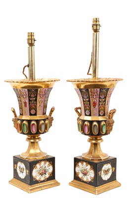 Lot 1034 - Pair of Victorian Aesthetic porcelain and ormolu mounted urns, now presented as table lamps