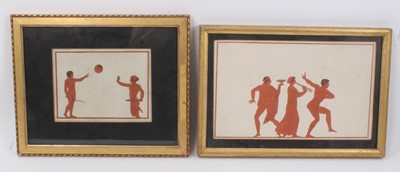 Lot 346 - Two decorative 19th century Grand Tour coloured engravings in the manner of Flaxman, depicting Greek figural friezes, 14 x 18cm in glazed gilt frames