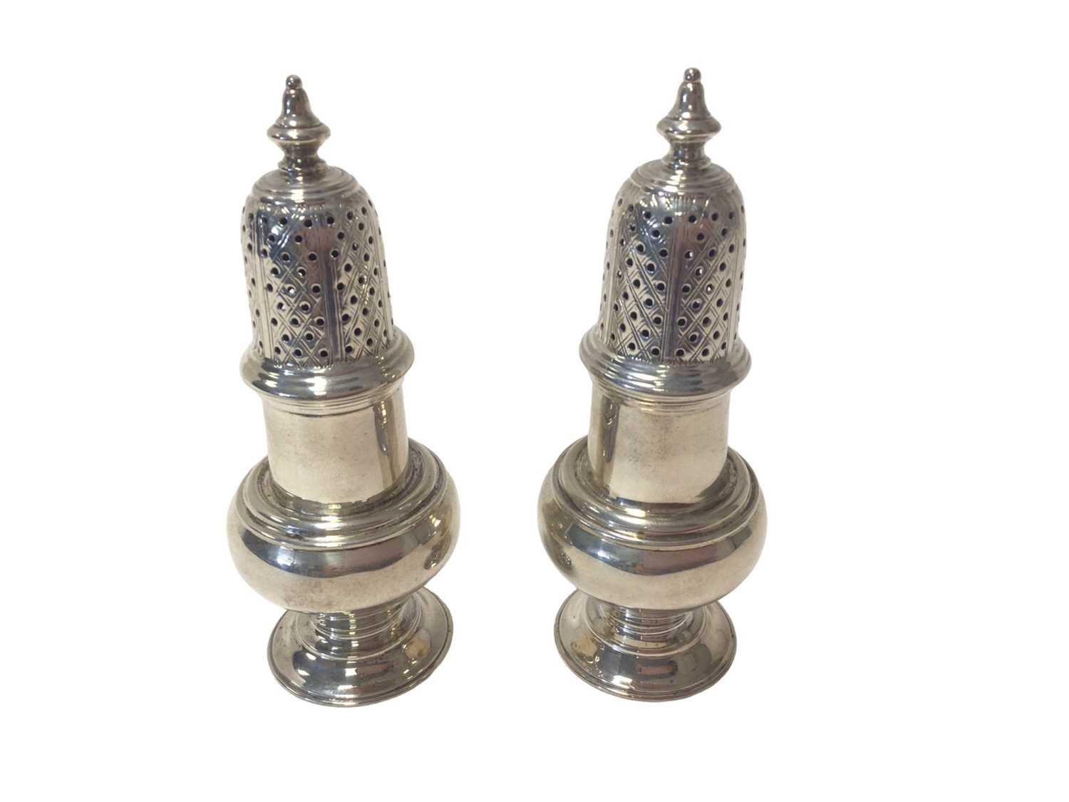 Lot 476 - Pair George V silver casters of baluster
