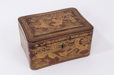 Lot 1040 - 19th century Chinese red lacquered tea caddy, of shaped rectangular outline, decorated in gilt with birds, the hinged cover enclosing lidded tin caddy, 17cm wide