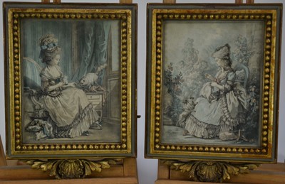 Lot 1331 - Gilles Demarteau (1750-1802) after Jean-Baptiste Huet (1745-1811) pair of coloured engravings in the crayon manner - "Le Dejeuner du Chat" and "Le Repas du Chien", circa 1778/79, in gilt and carved...