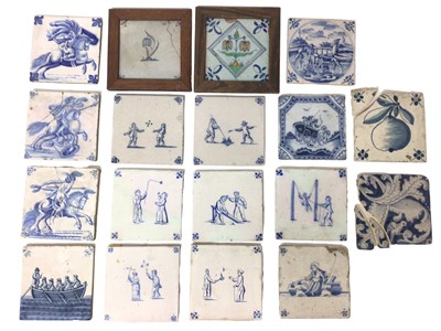 Lot 381 - Collection of 18 mostly 18th century blue and white delftware tiles, with figural and other decoration