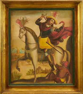 Lot 1342 - Spanish Colonial School, oil on canvas laid on board - Conquistador, 60cm x 50cm, in gilt frame