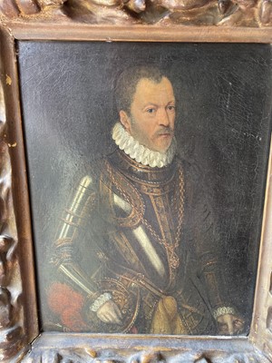 Lot 1355 - 17th / 18th century Continental school, oil on canvas, Portrait of a gentleman in armour and ruff, in period gilt frame