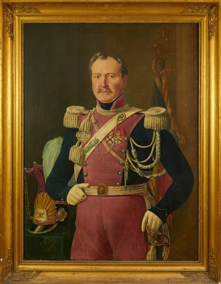 Lot 1363 - Mid 19th century oil on canvas - portrait of a Belgian Lancer Officer, 117cm x 88cm, in gilt frame