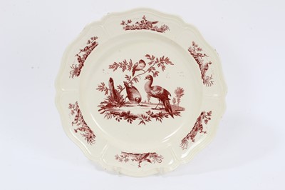 Lot 390 - English creamware plate, circa 1780, shaped rim, printed in sepia with birds, 24.5cm diameter