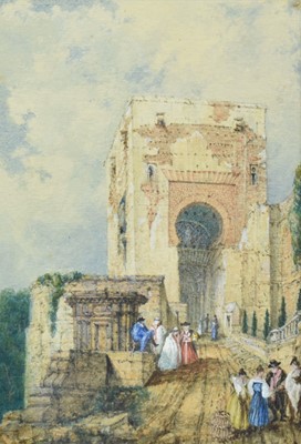 Lot 1344 - Manner of David Roberts (1796-1864) watercolour - Gate of Justice, Alhambra, 14.5cm x 9.5cm, in glazed gilt frame with presentation inscription to mount dated 1867