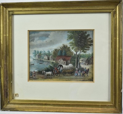 Lot 1345 - P. Craufurd, mid 18th century, watercolour and gouache - Horse Drawn Wagon, signed and dated 1760, 14cm x 18cm, in glazed gilt frame