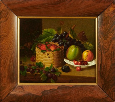 Lot 1346 - T. Hollingworth, 19th century, oil on canvas - Still Life Fruit and Vines, signed and dated '83, 30.5cm x 35.5cm, in rosewood frame