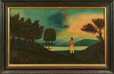 Lot 1347 - Naive School, 19th century, oil on canvas laid on panel - An Officer by a Lake, 27cm x 46cm, framed