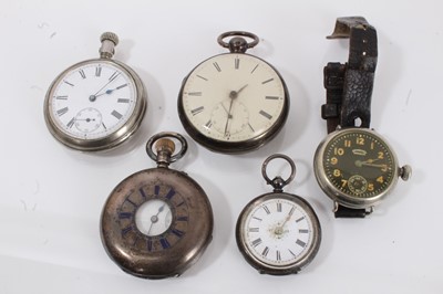 Lot 766 - Group of five watches to include silver fusee pocket watch by Josh. Johnson of Liverpool, two other pocket watches, a silver fob watch snd an Ingersoll Radiolite military-style wristwatch (5)