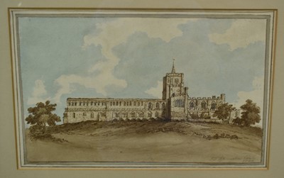 Lot 1350 - English School, 1840s ink and watercolour - A Cathedral, indistinctly signed, dated 1840, 16.5cm x 27cm, in glazed oak frame