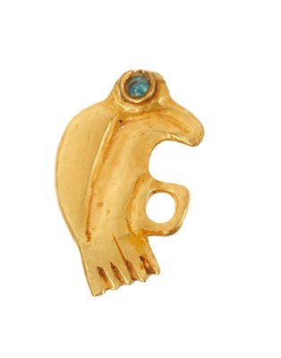 Lot 728 - Gold pendant, possibly Anglo-Saxon, in the form of a bird with cabochon blue stone eye, 25mm.