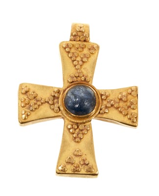 Lot 730 - Two gold pendants, possibly Byzantine or North Africa, the cross pendant with cabochon blue stone and applied gold beads, the lunar crescent pendant similarly decorated and suspending pearlescent g...