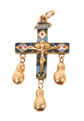 Lot 733 - Antique Continental gold and enamel crucifix pendant with applied gold figure of Christ on a polychrome enamel cross, 61mm.