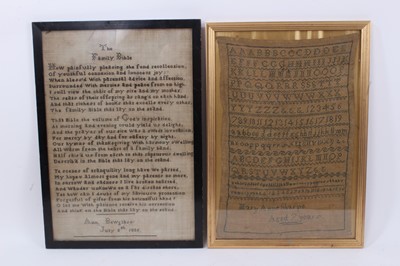 Lot 1054 - William IV Methodist type sampler, by Ann Bewglass 1836, with religious verse, glazed ebonised fruitwood frame, 44 x 36cm, together with a Georgian sampler by Mary Ann Sharp aged 7 years. (2)