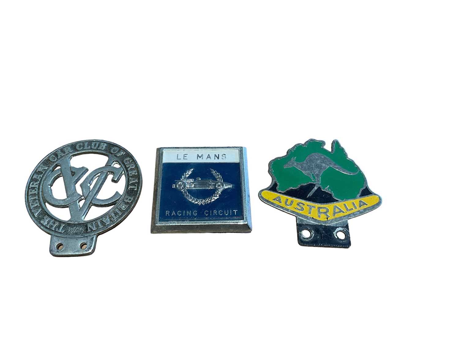 Lot 103 - Vintage Le Mans Racing Circuit car badge, together with a Veteran Car Club of Great Britain badge and an Australia car grill badge (3)