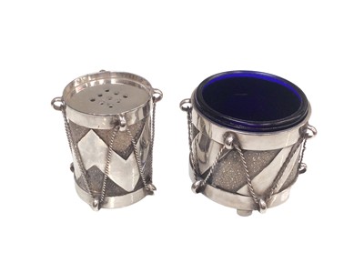 Lot 118 - Contemporary silver salt and pepper in the form of military drums