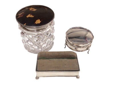 Lot 120 - Silver jewellery/ trinket box, silver pin cushion box and a silver and tortoiseshell mounted cut glass vanity jar (3)