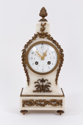 Lot 1072 - 19th century French mantel clock with striking movement, the circular white enamel dial with polychrome floral swags, signed 'Aubert, Nantes' in a white marble case with ormolu mounts, 34cm.