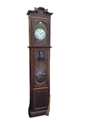 Lot 1084 - Late 19th century French longcase clock by Burette of Yvetot with circular white enamel dial with embossed brass bezel in a glazed oak case