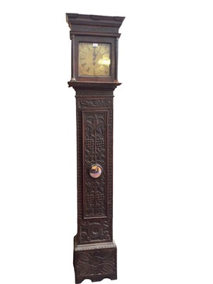 Lot 1087 - Late 17th/early 18th century 30 hour long case clock movement with square 10" dial in a later associated carved oak case, 230cm high..