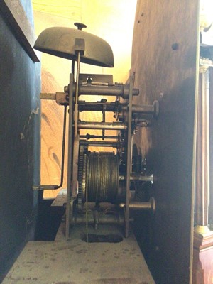 Lot 1089 - 18th century 8 day longcase clock, the arched brass dial with silvered chapter ring and subsidiary date and second dials, in an oak case with later carved decoration, 228cm.
