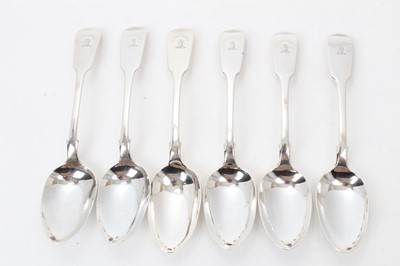 Lot 402 - Set of six Victorian Scottish Fiddle pattern dessert spoons, with engraved armorial crests