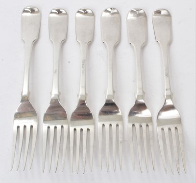 Lot 410 - Composite set of six Victorian Fiddle pattern dessert forks with engraved initials