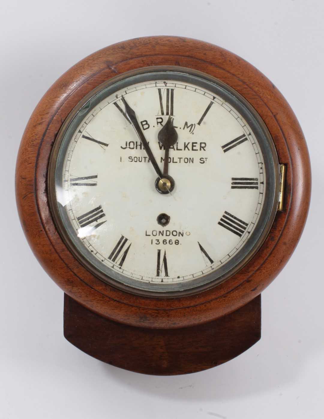 Lot 1090 - Railway clock with painted 16cm dial marked 'B.R.(L.M.) John Walker 1 South Molton Street, London 13668', fusee movement in mahogany drop case with brass plaque, 25cm wide, 29cm high, key and pendu...