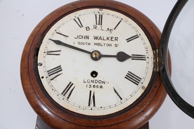 Lot 1090 - Railway clock with painted 16cm dial marked 'B.R.(L.M.) John Walker 1 South Molton Street, London 13668', fusee movement in mahogany drop case with brass plaque, 25cm wide, 29cm high, key and pendu...