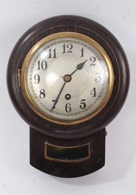 Lot 1091 - Unusually small early 20th century drop dial wall clock with 11cm circular silvered dial in oak case, with pendulum but no key, 17cm wide x 23cm high.