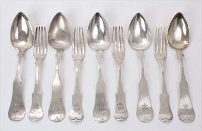 Lot 584 - Selection of late 19th century American silver flatware including four dinner forks with engraved initials and date (David Kinsey - Cincinnati, Ohio) and five table spoons, same initials and date (...