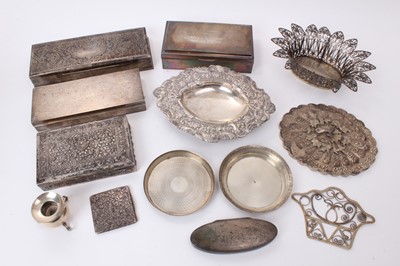 Lot 586 - Selection of Middle Eastern, Far Eastern and other silver and white metal, including four cigarette/cigar boxes, filligree dish, compact, mirror, candle holder and other items, some marked. (Qty)