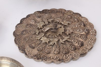 Lot 586 - Selection of Middle Eastern, Far Eastern and other silver and white metal, including four cigarette/cigar boxes, filligree dish, compact, mirror, candle holder and other items, some marked. (Qty)