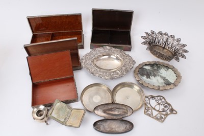 Lot 586 - Selection of Middle Eastern, Far Eastern and other silver and white metal, including four cigarette/cigar boxes, filligree dish, compact, mirror, candle holder and other items, some marked. (Qty)