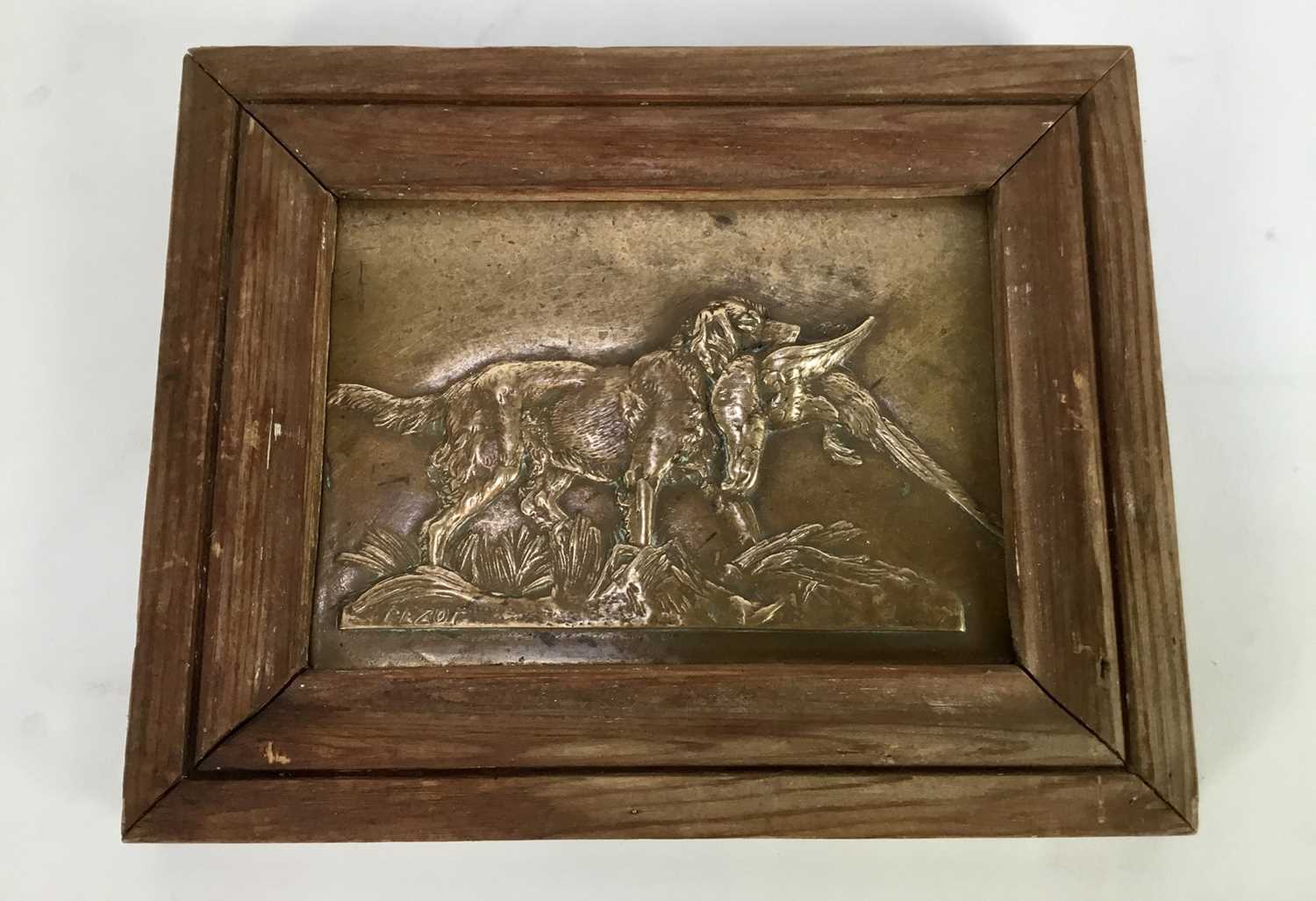 Lot 783 - Pair of bronze relief panels depicting sporting dogs, signed Pezot, mounted in wooden frames, 20.5cm x 25.5cm overall