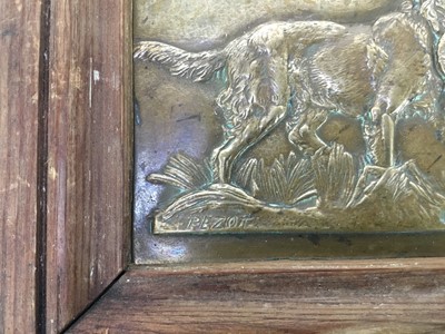 Lot 783 - Pair of bronze relief panels depicting sporting dogs, signed Pezot, mounted in wooden frames, 20.5cm x 25.5cm overall
